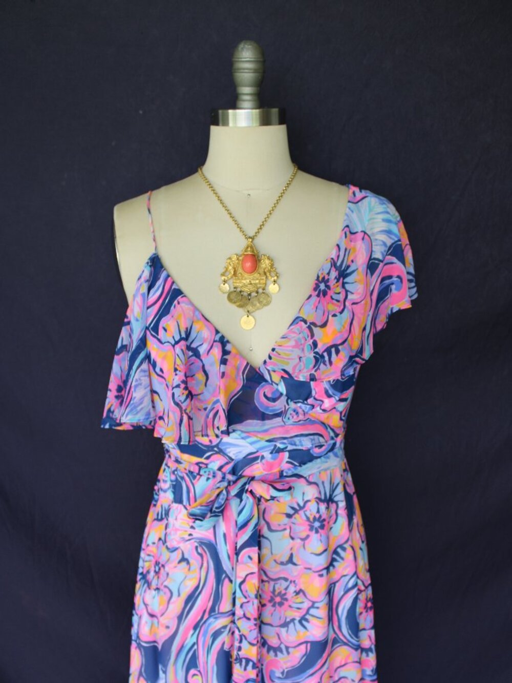 Lilly Pulitzer Marianna Wrap midi Dress Nauti Navy Boho Bateau Floral ruffle S - Picture 5 of 12